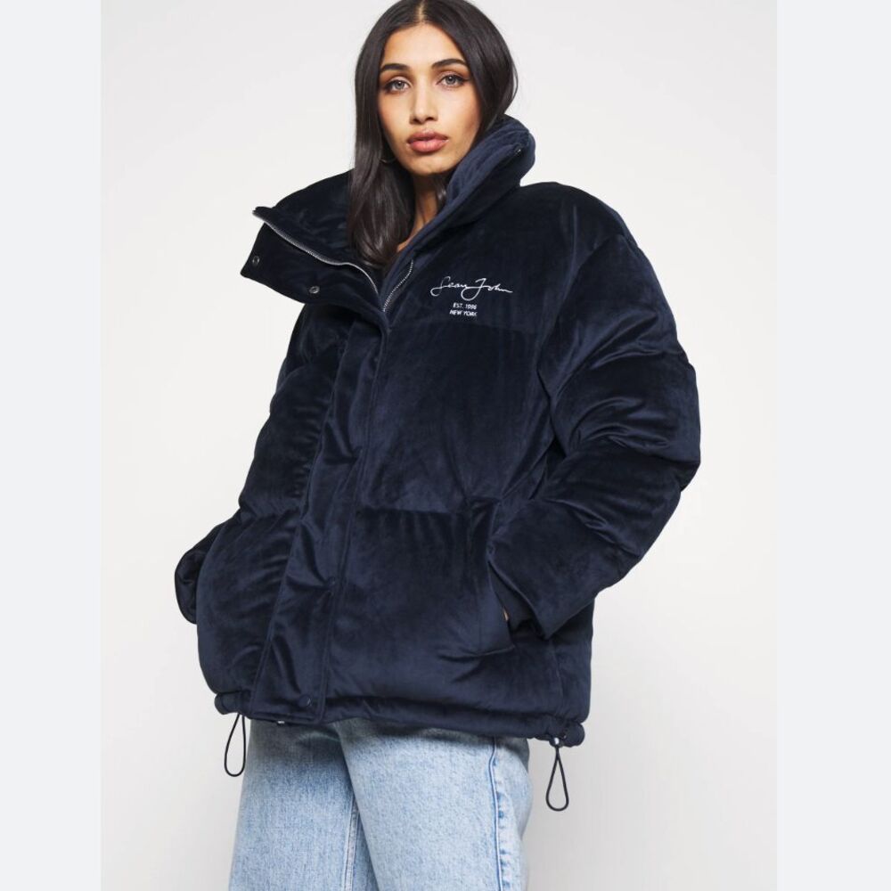 Sean John X Missguided Puffer Jacket Womens 2 US Navy Blue Velour Oversized Y2K - Picture 5 of 16